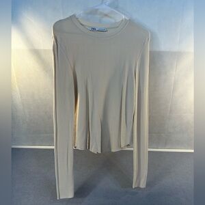 Zara Beige Ribbed Long Sleeve Top Size Large